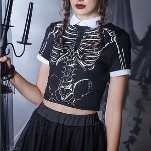 Grunge Black Skeleton Print Polo Shirt